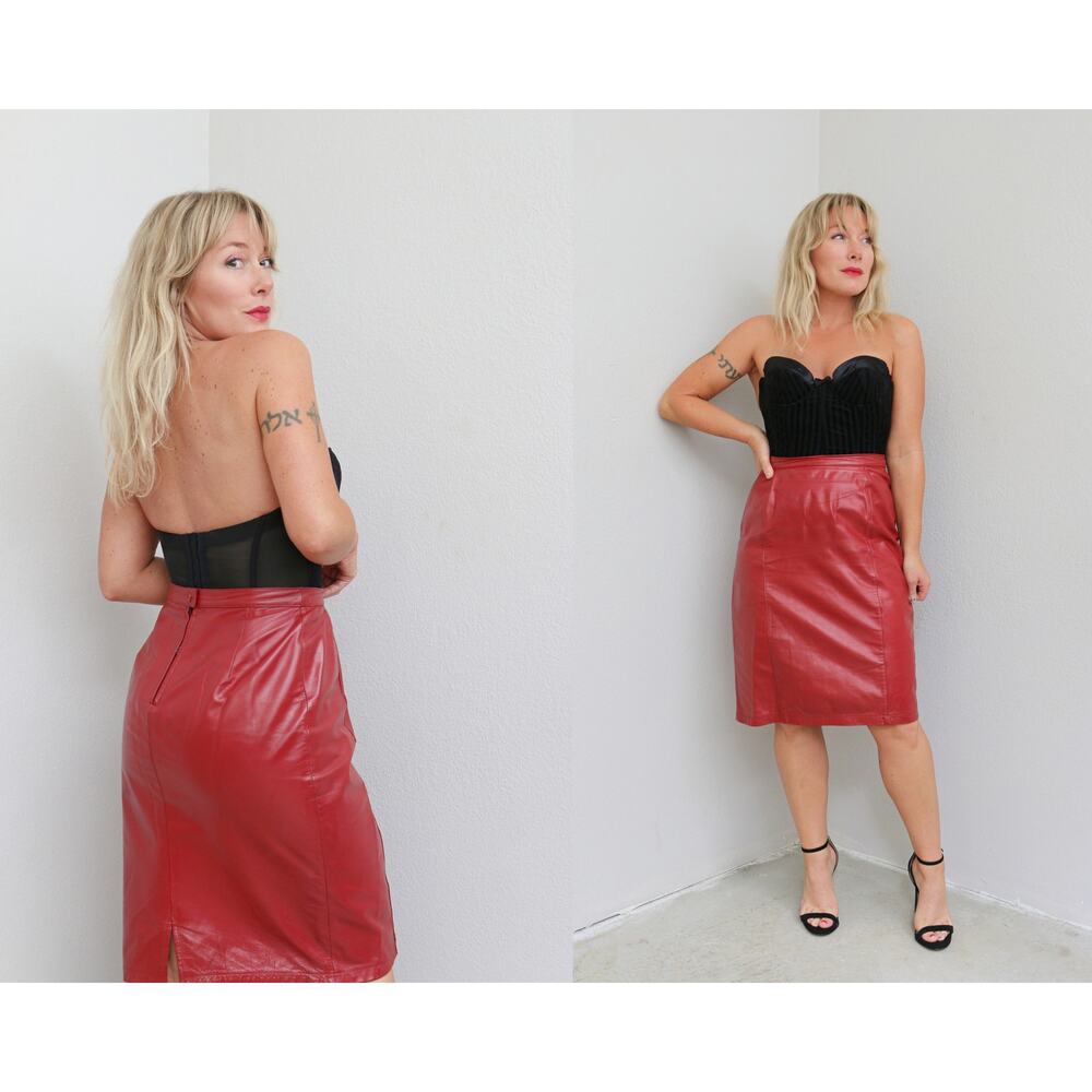 Vintage 1980's Bermans Crimson Leather Pencil Skirt Women's SM 27" to 28" Waist
